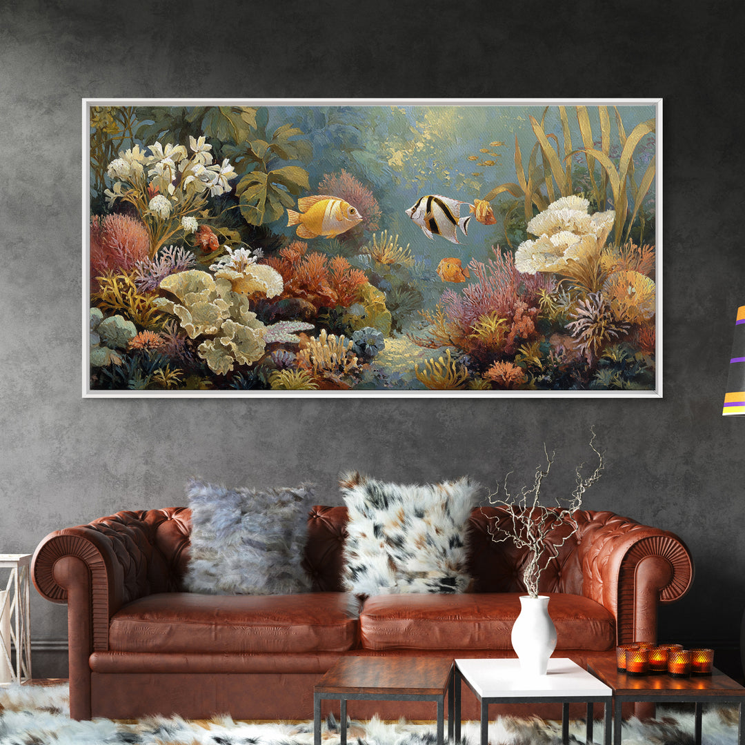 Tropical Fish over Coral Reef Framed Canvas Print, Tropical Art, Whimsical Art, Living Room Decor, Fine Art, Tropic, TRO-2x1-79