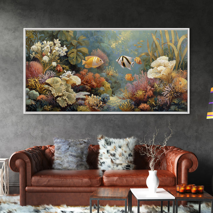 Tropical Fish over Coral Reef Framed Canvas Print, Tropical Art, Whimsical Art, Living Room Decor, Fine Art, Tropic, TRO-2x1-79