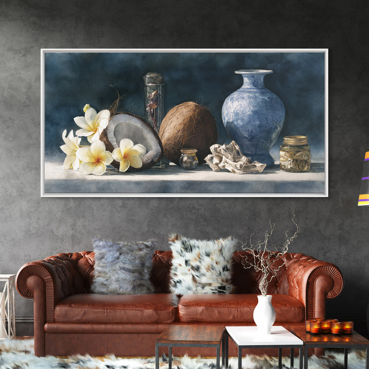 Coconut and Plumeria Still Life Framed Canvas Print, Tropical Art, Coastal Wall Art, Living Room Decor, Fine Art, Tropic, TRO-2x1-80