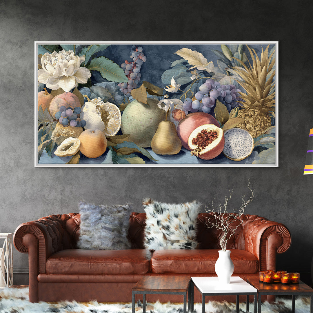 Tropical Fruit Market Arrangement Framed Canvas Print, Tropical Art, Decor, Living Room Decor, Fine Art, Tropic, Bird Art, TRO-2x1-83