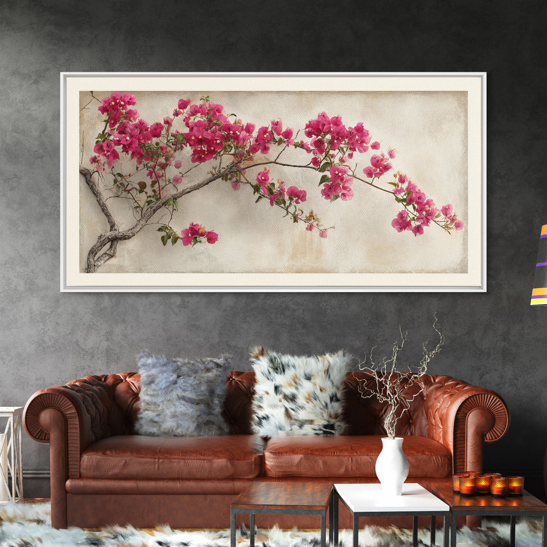 Pink Bougainvillea over White Wall Framed Canvas Print, Tropical Art, Abstract Painting, Living Room Decor, Fine Art, Tropic, TRO-2x1-84
