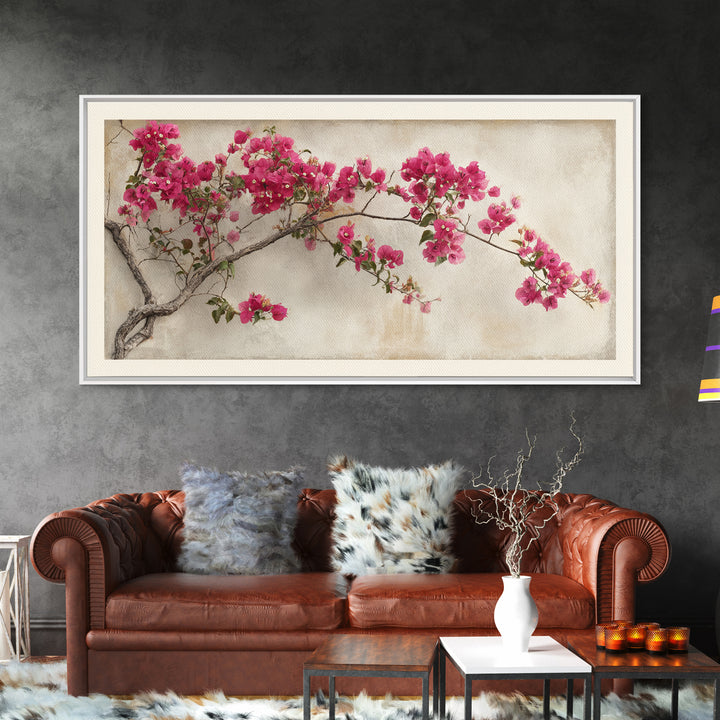 Pink Bougainvillea over White Wall Framed Canvas Print, Tropical Art, Abstract Painting, Living Room Decor, Fine Art, Tropic, TRO-2x1-84