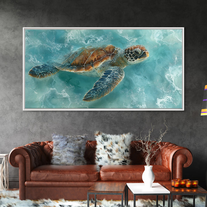 Sea Turtle Near Tropical Reef Framed Canvas Print, Tropical Art, Trendy Wall Art, Living Room Decor, Fine Art, Tropic, TRO-2x1-87
