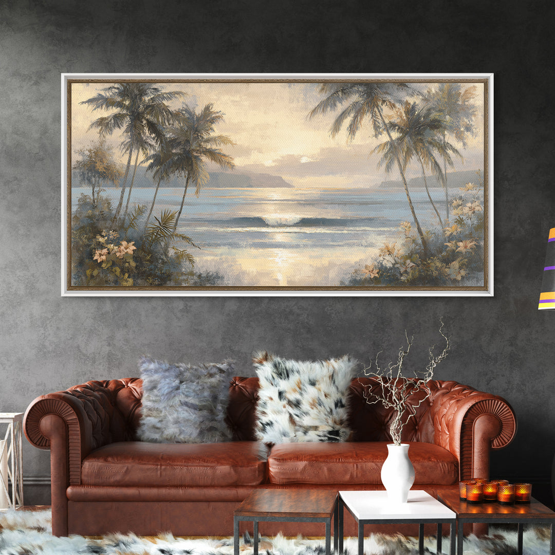 Sunset Surf Scene Framed Canvas Print, Tropical Art, Digital Art, Living Room Decor, Oil Painting, Tropic, Watercolor Art, TRO-2x1-90