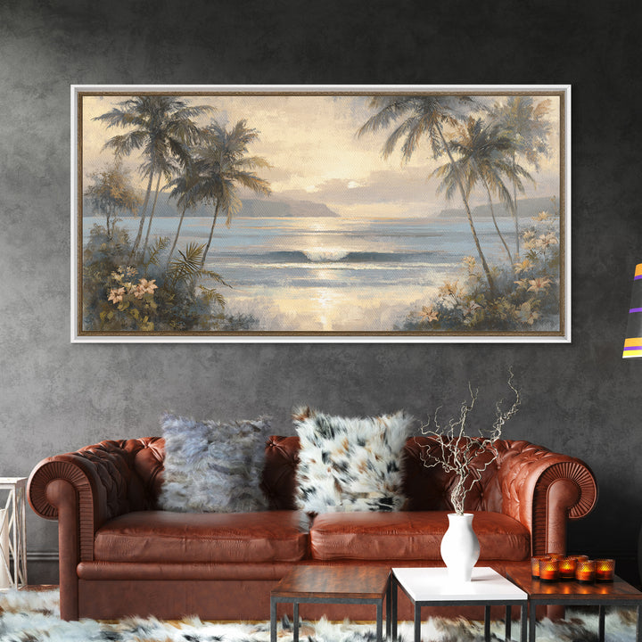 Sunset Surf Scene Framed Canvas Print, Tropical Art, Digital Art, Living Room Decor, Oil Painting, Tropic, Watercolor Art, TRO-2x1-90