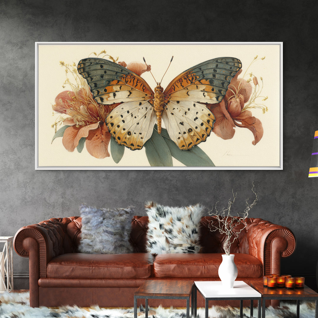 Tropical Butterfly and Flower Study Framed Canvas Print, Tropical Art, Digital Print, Living Room Decor, Fine Art, Tropic, TRO-2x1-91