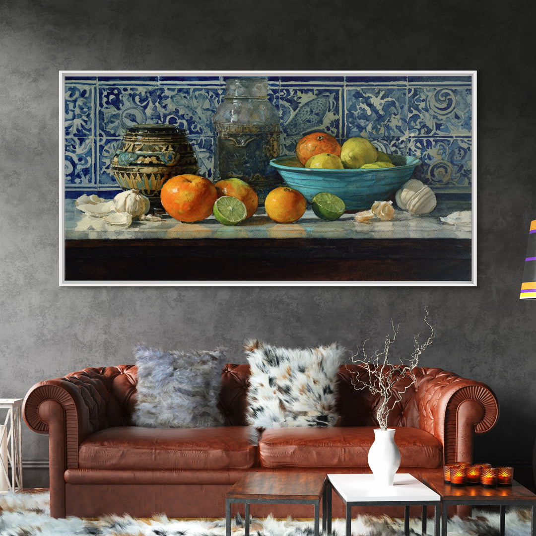 Bright Papaya and Lime Still Life Framed Canvas Print, Tropical Art, Watercolor Painting, Living Room Decor, Oil Painting, TRO-2x1-92