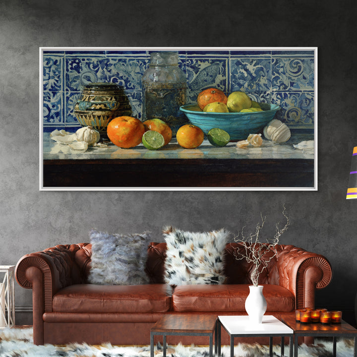 Bright Papaya and Lime Still Life Framed Canvas Print, Tropical Art, Watercolor Painting, Living Room Decor, Oil Painting, TRO-2x1-92