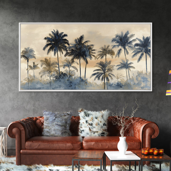 Palm Tree Silhouettes Framed Canvas Print, Tropical Art, Beach Decor, Living Room Decor, Oil Painting, Tropic, Fine Art Print, TRO-2x1-96