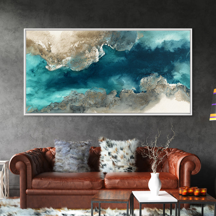 Tropical Lagoon with Turquoise Water Framed Canvas Print, Tropical Art, Abstract Painting, Living Room Decor, Fine Art, Tropic, TRO-2x1-99