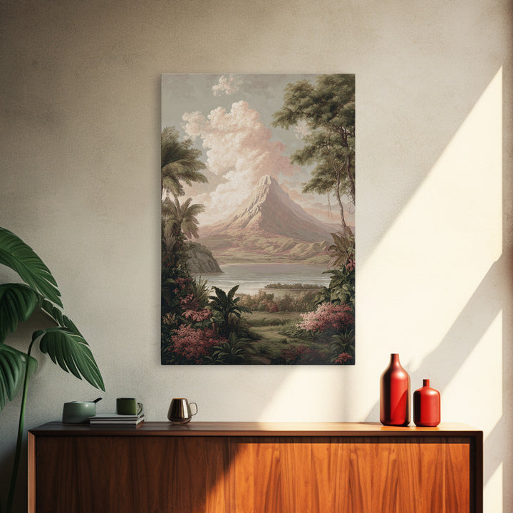 Island Volcano with Lush Foreground Framed Canvas Print, Tropical Art, Printable, Living Room Decor, Fine Art, Tropic, TRO-2x3-1