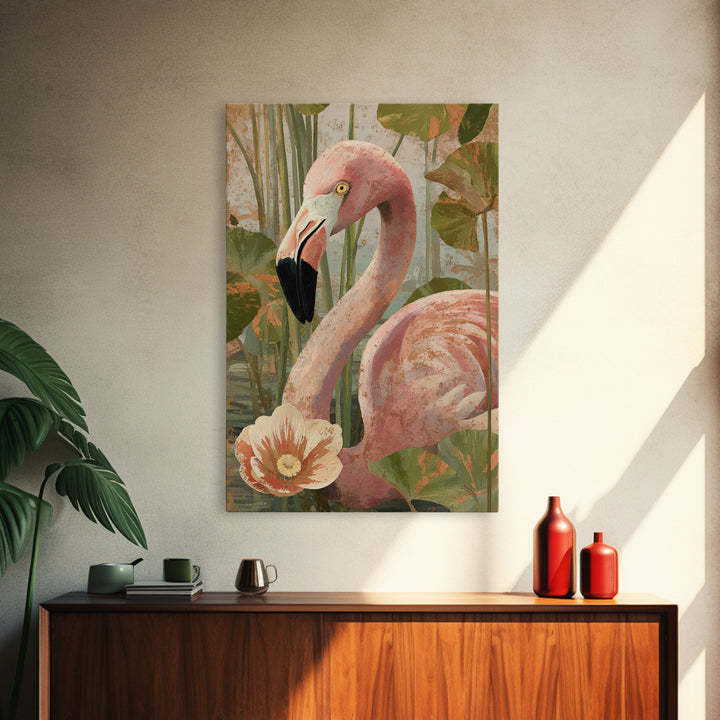 Pink Flamingos Among Tropical Water Plants Canvas Print, Tropical Art, Contemporary Art, Living Room Decor, Fine Art, Tropic, TRO-2x3-10