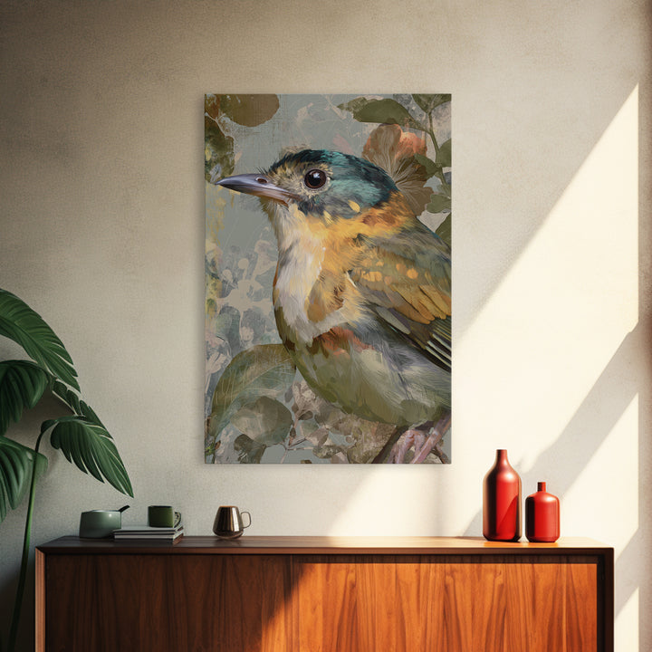 Colorful Jungle Bird Pattern Framed Canvas Print, Tropical Art, Print, Living Room Decor, Fine Art, Tropic, Coastal Wall Art, TRO-2x3-100