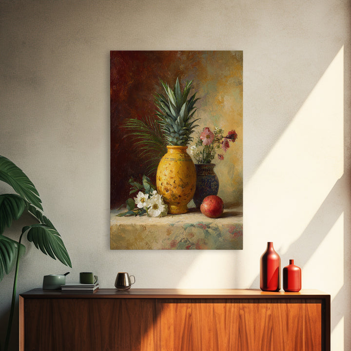 Pineapple and Palm Still Life Canvas Print, Tropical Art, Wall Art, Living Room Decor, Oil Painting, Tropic, Pink Wall Art, TRO-2x3-14