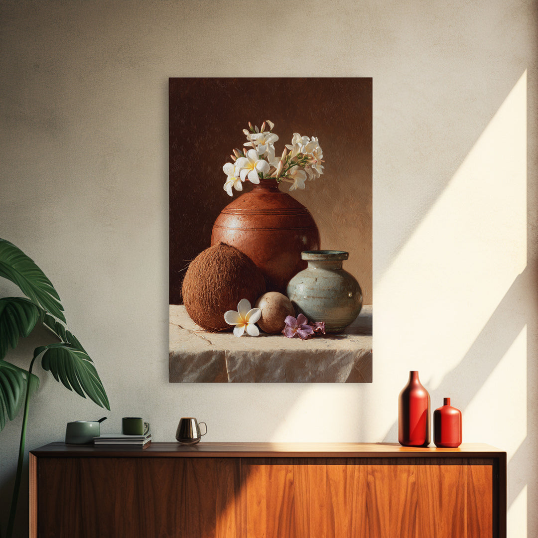 Coconut and Plumeria Still Life Framed Canvas Print, Tropical Art, Watercolor Painting, Living Room Decor, Oil Painting, Tropic, TRO-2x3-20