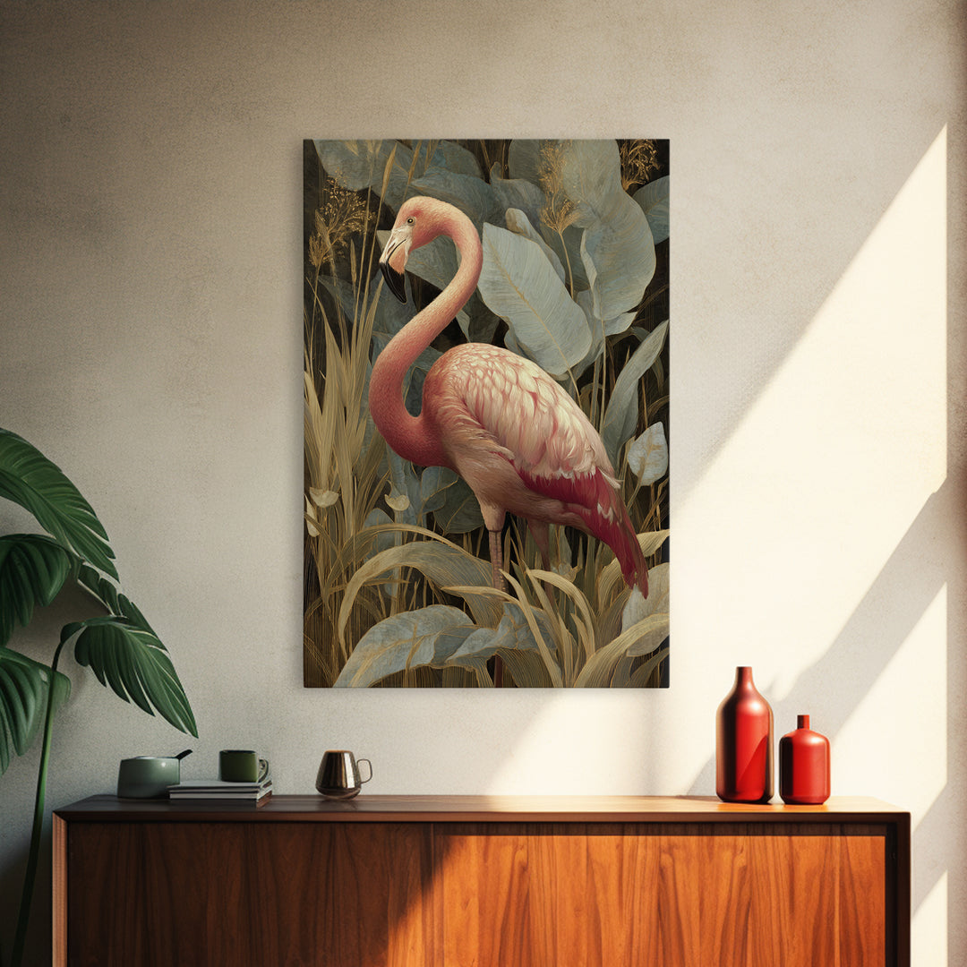 Pink Flamingos Among Tropical Water Plants Framed Canvas Print, Tropical Art, Print, Living Room Decor, Fine Art, Tropic, TRO-2x3-34