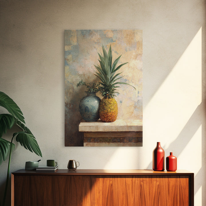 Pineapple and Palm Still Life Framed Canvas Print, Tropical Art, Art Print, Living Room Decor, Tropic, Abstract Painting, TRO-2x3-38