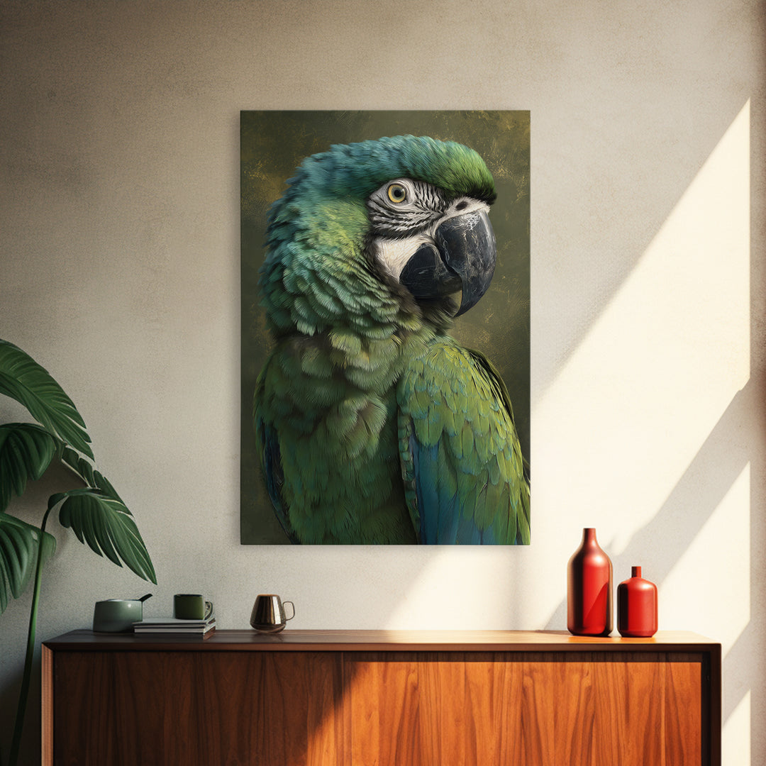 Parrot Portrait with Emerald Feathers Canvas Print, Tropical Art, Contemporary Art, Living Room Decor, Fine Art, Tropic, TRO-2x3-40