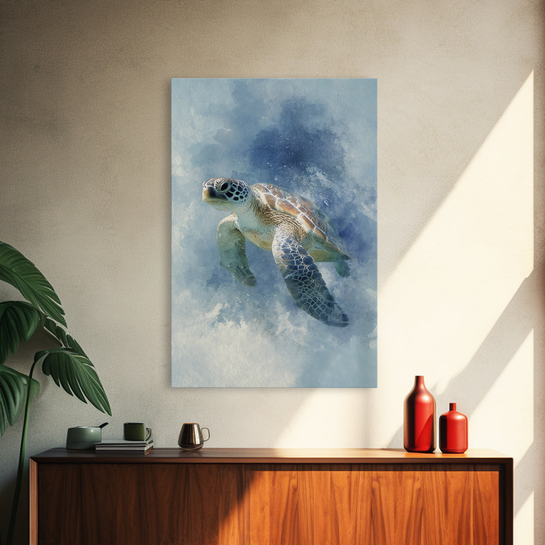 Sea Turtle Near Tropical Reef Framed Canvas Print, Tropical Art, Digital Art, Living Room Decor, Oil Painting, Tropic, TRO-2x3-51