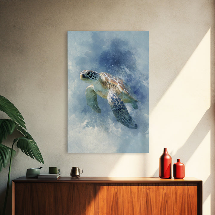 Sea Turtle Near Tropical Reef Framed Canvas Print, Tropical Art, Digital Art, Living Room Decor, Oil Painting, Tropic, TRO-2x3-51