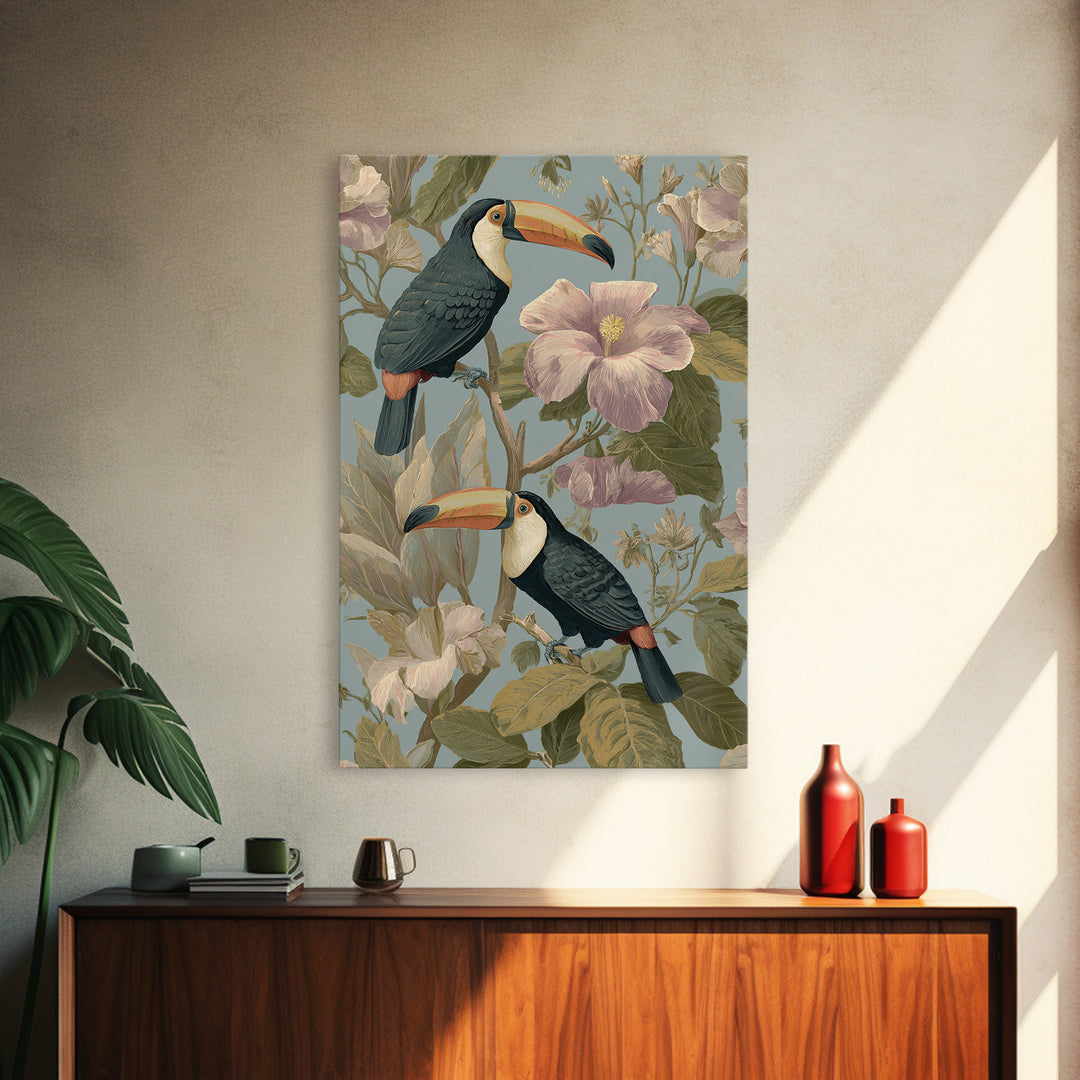 Toucans Surrounded by Bright Jungle Flowers Canvas Print, Tropical Art, Watercolor Painting, Living Room Decor, Tropic, TRO-2x3-59