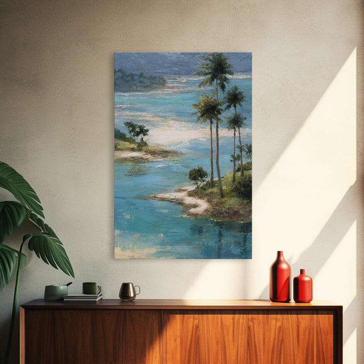 Tropical Lagoon with Turquoise Water Framed Canvas Print, Tropical Art, Bird Art, Living Room Decor, Watercolor Art, Tropic, TRO-2x3-63