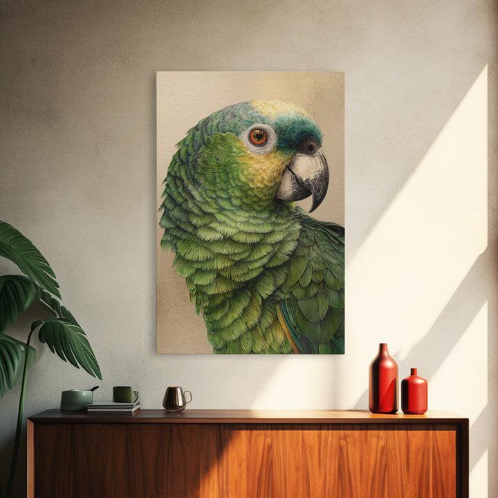 Parrot Portrait with Emerald Feathers Framed Canvas Print, Tropical Art, Print, Living Room Decor, Oil Painting, Tropic, TRO-2x3-64