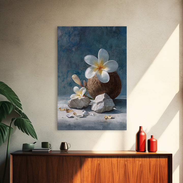 Coconut and Plumeria Still Life Framed Canvas Print, Tropical Art, Coastal Wall Art, Living Room Decor, Fine Art, Tropic, TRO-2x3-68