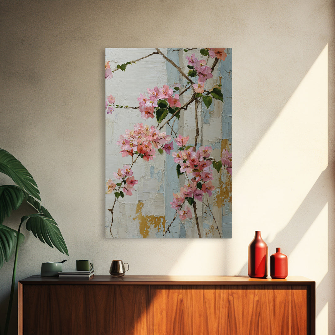 Pink Bougainvillea over White Wall Canvas Print, Tropical Art, Digital Art, Living Room Decor, Oil Painting, Tropic, TRO-2x3-72