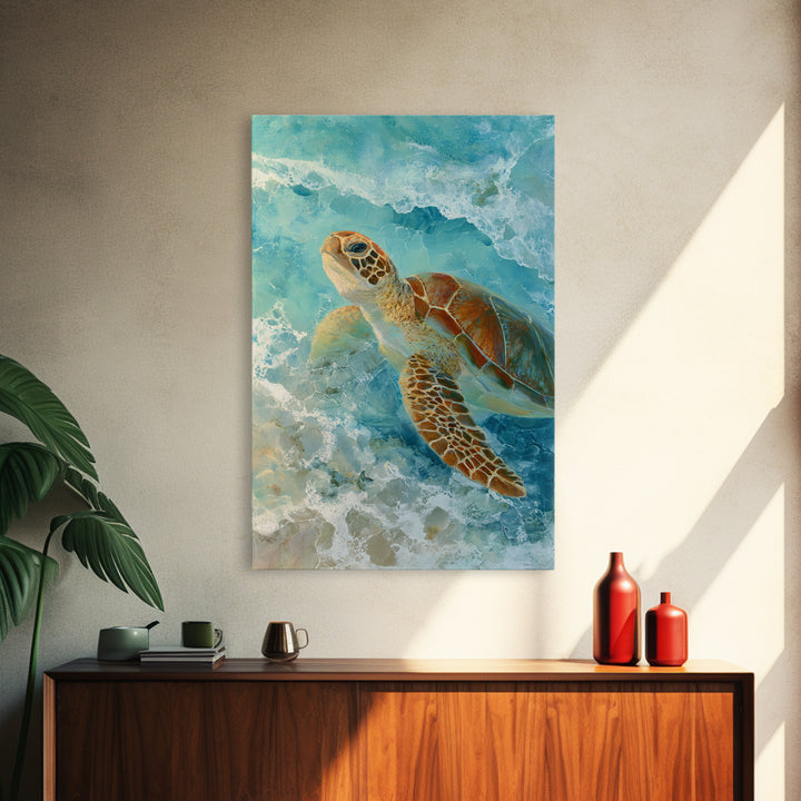 Sea Turtle Near Tropical Reef Framed Canvas Print, Tropical Art, Abstract Painting, Living Room Decor, Fine Art, Tropic, TRO-2x3-75