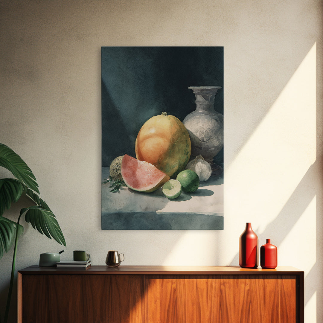 Bright Papaya and Lime Still Life Framed Canvas Print, Tropical Art, Botanical Art, Living Room Decor, Oil Painting, Tropic, TRO-2x3-8