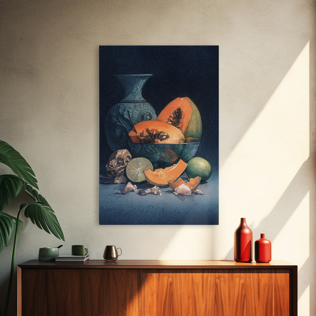 Bright Papaya and Lime Still Life Framed Canvas Print, Tropical Art, Living Room Decor, Watercolor Art, Tropic, TRO-2x3-80