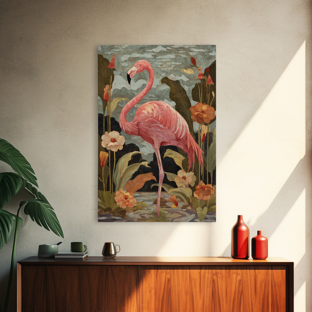 Pink Flamingos Among Tropical Water Plants Canvas Print, Tropical Art, Digital Print, Living Room Decor, Fine Art, Tropic, TRO-2x3-82