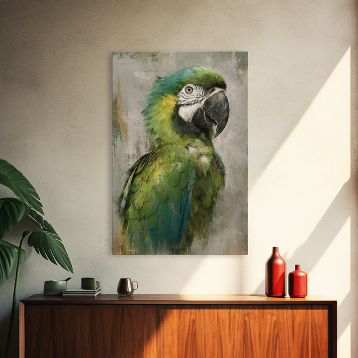 Parrot Portrait with Emerald Feathers Framed Canvas Print, Tropical Art, Set of 3 Prints, Living Room Decor, Fine Art, Tropic, TRO-2x3-88