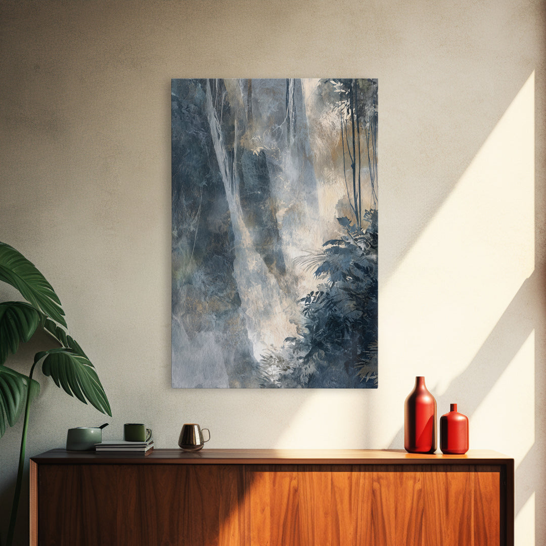 Jungle Waterfall with Misty Light Framed Canvas Print, Tropical Art, Abstract Painting, Living Room Decor, Fine Art, Tropic, TRO-2x3-93