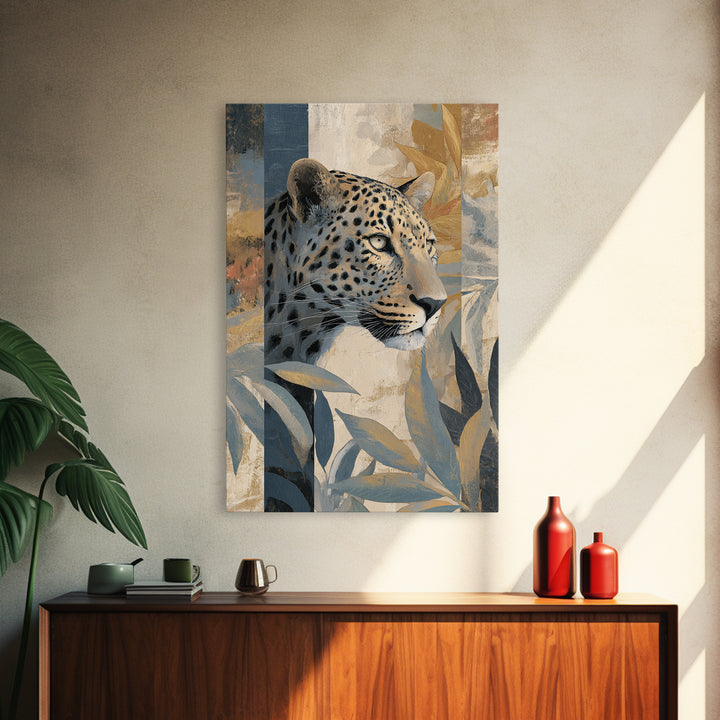 Leopard Hidden Among Palm Leaves Framed Canvas Print, Tropical Art, Oversized Wall Art, Living Room Decor, Fine Art, Tropic, TRO-2x3-94