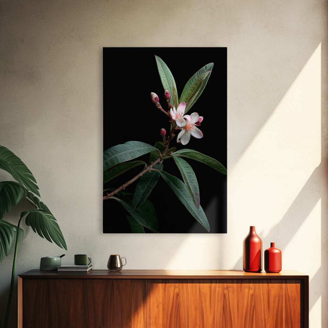 Mango Branch with Leaves and Flowers Framed Canvas Print, Tropical Art, Living Room Decor, Watercolor Art, Tropic, TRO-2x3-98
