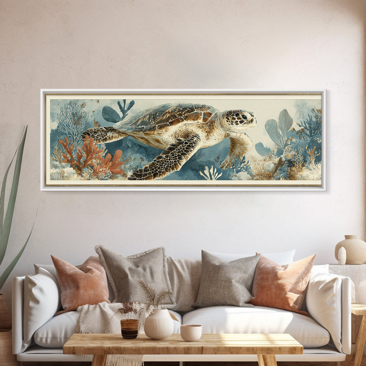 Sea Turtle Near Tropical Reef Canvas Print, Tropical Art, Beach Prints, Living Room Decor, Watercolor Art, Tropic, TRO-3x1-11