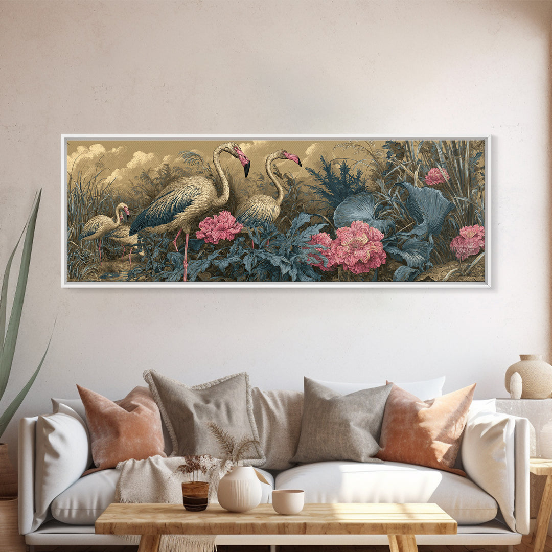 Pink Flamingos Among Tropical Water Plants Framed Canvas Print, Tropical Art, Oversized Wall Art, Living Room Decor, Tropic, TRO-3x1-18