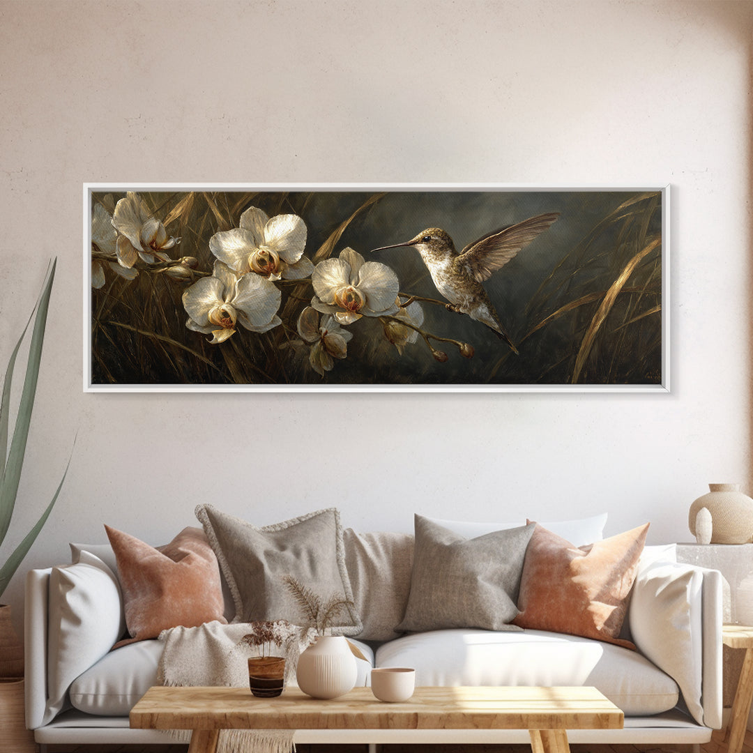 Orchid and Hummingbird Composition Framed Canvas Print, Tropical Art, Wall Art Prints, Living Room Decor, Fine Art, Tropic, TRO-3x1-2