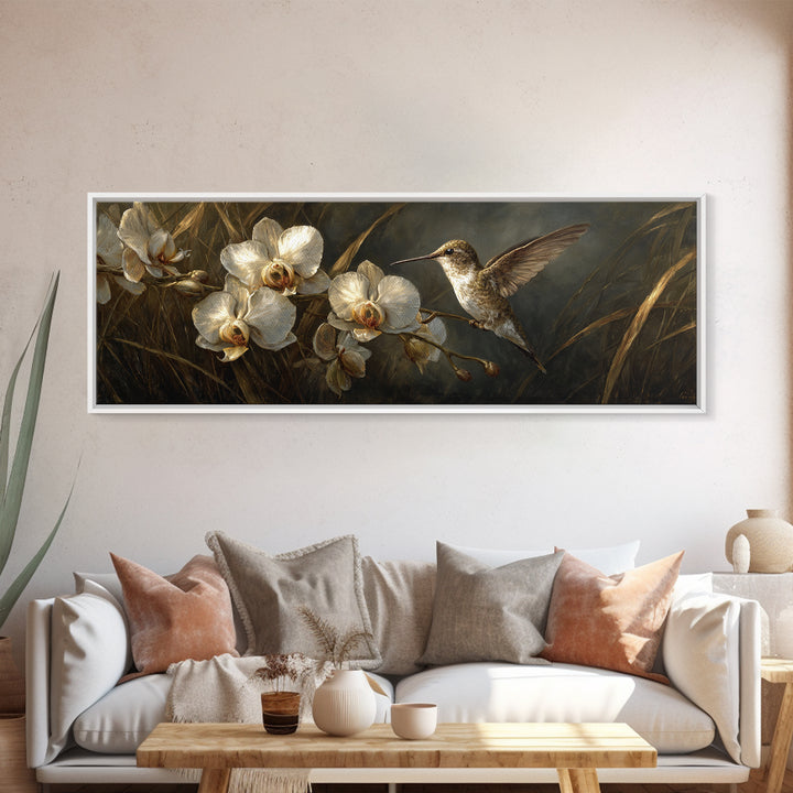 Orchid and Hummingbird Composition Framed Canvas Print, Tropical Art, Wall Art Prints, Living Room Decor, Fine Art, Tropic, TRO-3x1-2
