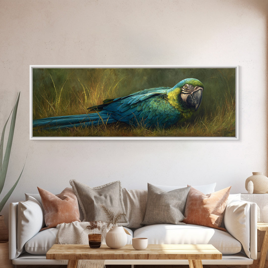 Parrot Portrait with Emerald Feathers Canvas Print, Tropical Art, Whimsical Art, Living Room Decor, Fine Art, Tropic, TRO-3x1-24
