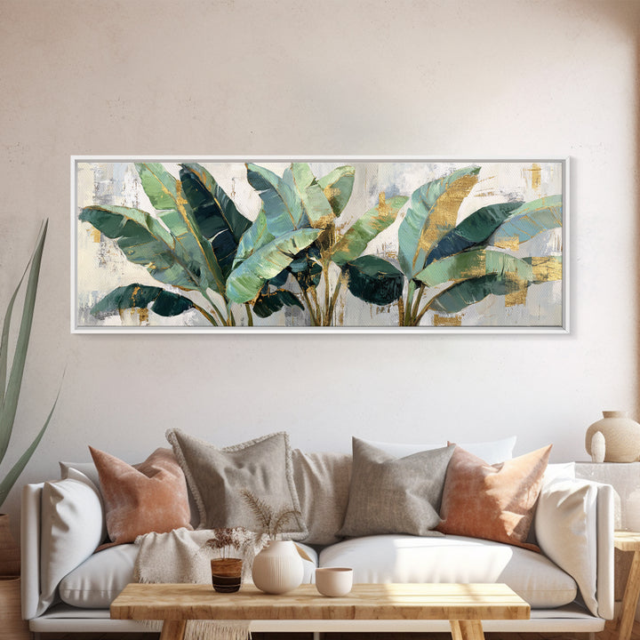 Banana Leaves Layered Canvas Print, Tropical Art, Beach Print, Living Room Decor, Abstract Art, Tropic, Textured Painting, TRO-3x1-25