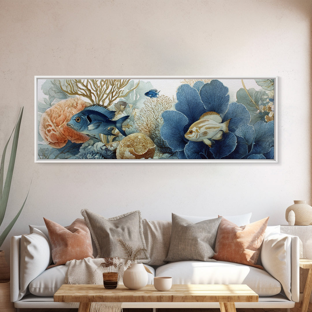 Tropical Fish over Coral Reef Framed Canvas Print, Tropical Art, Textured Painting, Living Room Decor, Fine Art, Tropic, TRO-3x1-27
