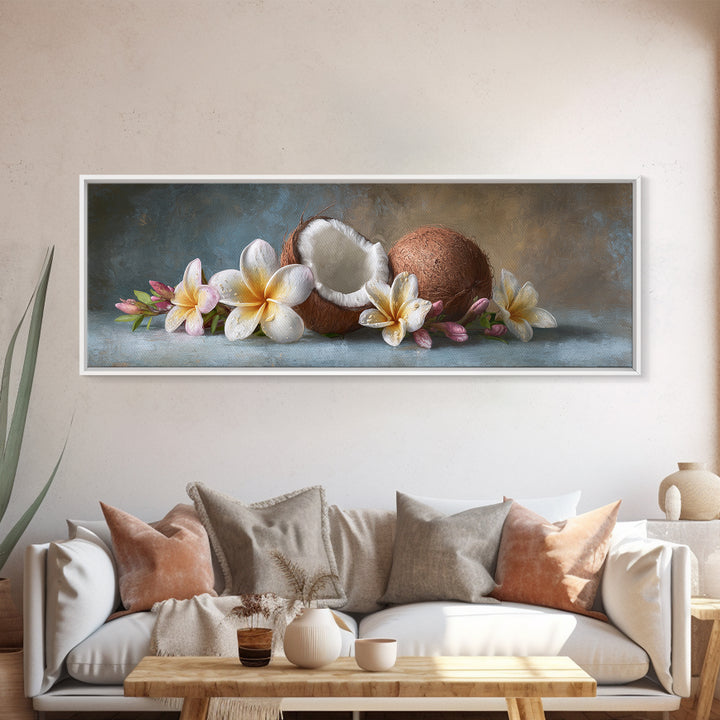 Coconut and Plumeria Still Life Framed Canvas Print, Tropical Art, Botanical Art, Living Room Decor, Oil Painting, Tropic, TRO-3x1-28