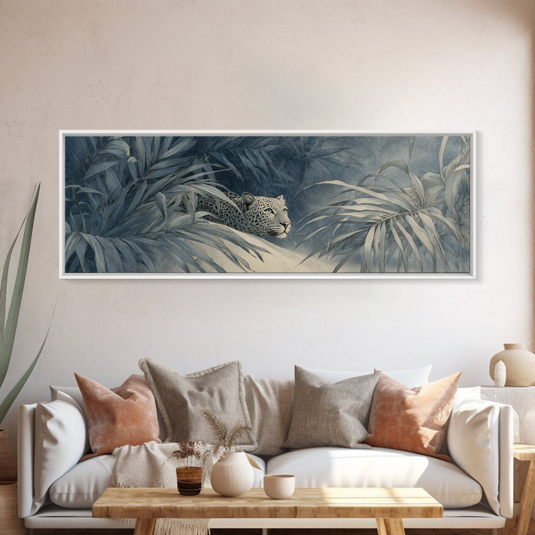 Leopard Hidden Among Palm Leaves Canvas Print, Tropical Art, Print, Living Room Decor, Fine Art, Tropic, Coastal Wall Art, TRO-3x1-30