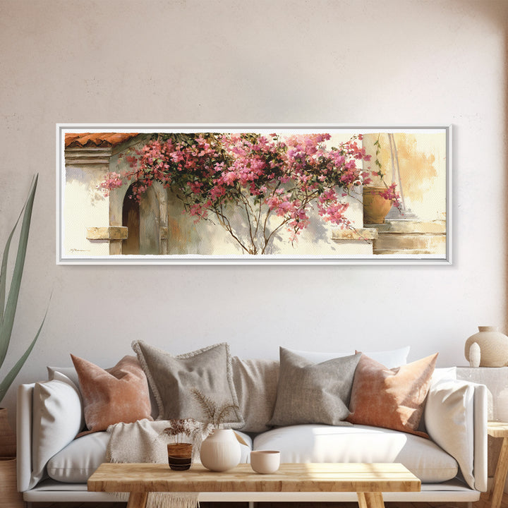 Pink Bougainvillea over White Wall Framed Canvas Print, Tropical Art, Beach Prints, Living Room Decor, Watercolor Art, Tropic, TRO-3x1-32