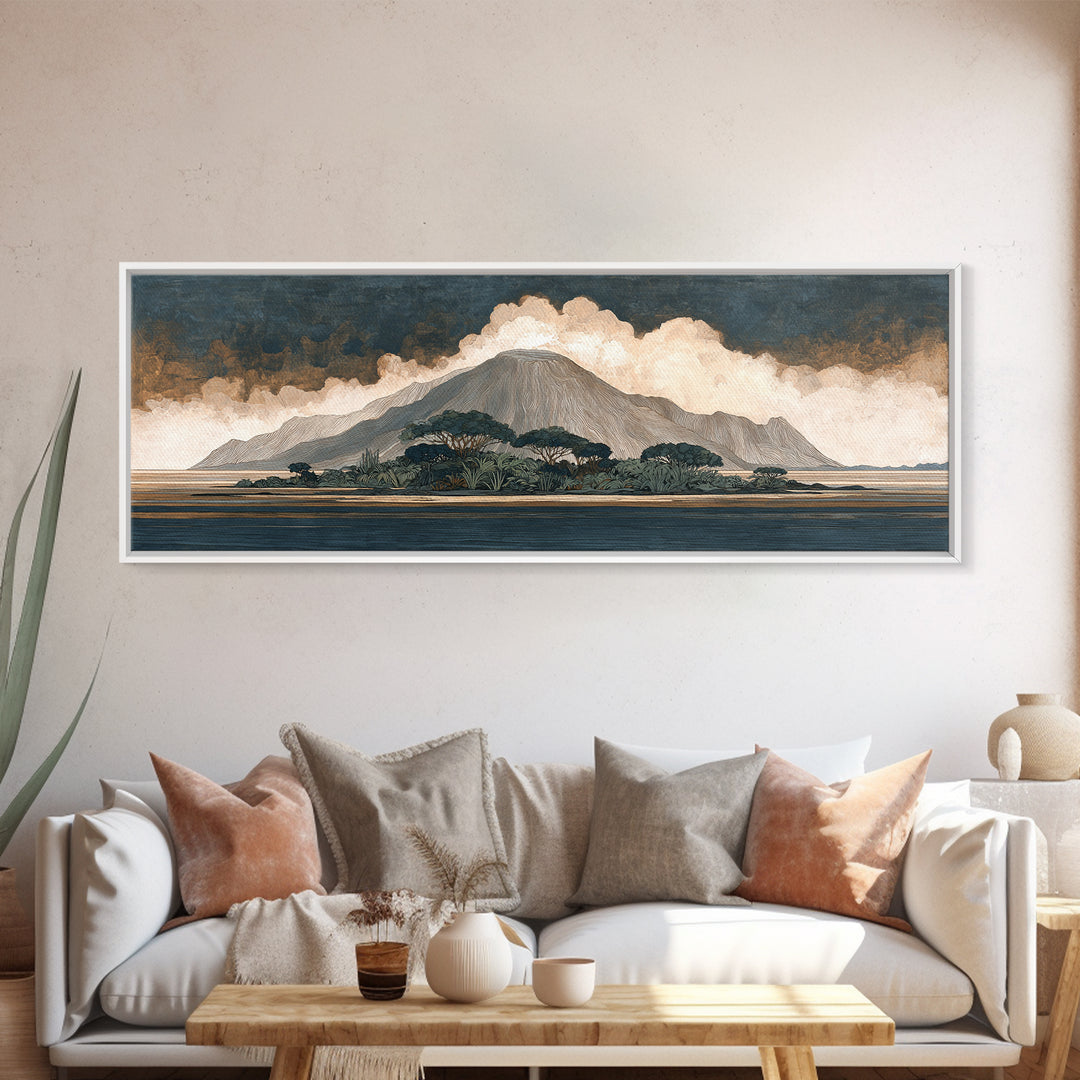 Island Volcano with Lush Foreground Canvas Print, Tropical Art, Beach Wall Art, Living Room Decor, Tropic, Statement Artwork, TRO-3x1-33