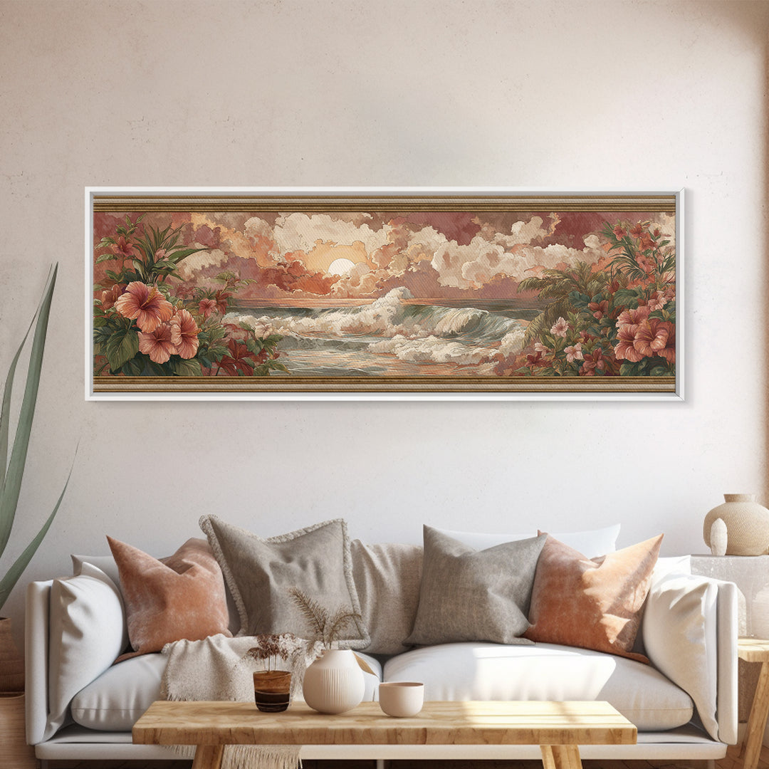 Sunset Surf Scene Canvas Print, Tropical Art, Pink Wall Art, Living Room Decor, Fine Art, Tropic, Coastal Art, Beach Print, TRO-3x1-38