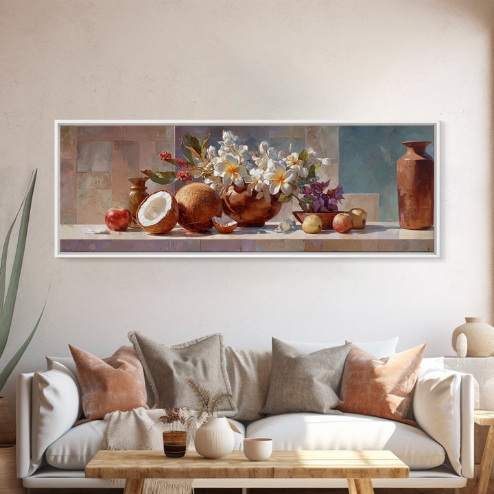 Coconut and Plumeria Still Life Canvas Print, Tropical Art, Downloadable Prints, Living Room Decor, Watercolor Art, Tropic, TRO-3x1-4